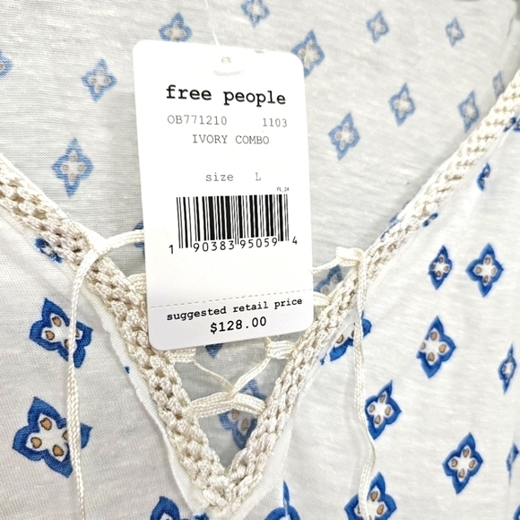 NWT Free People Lyocell Linen Macra Maze Ivory Combo Fringe Blouse - Picture 6 of 12